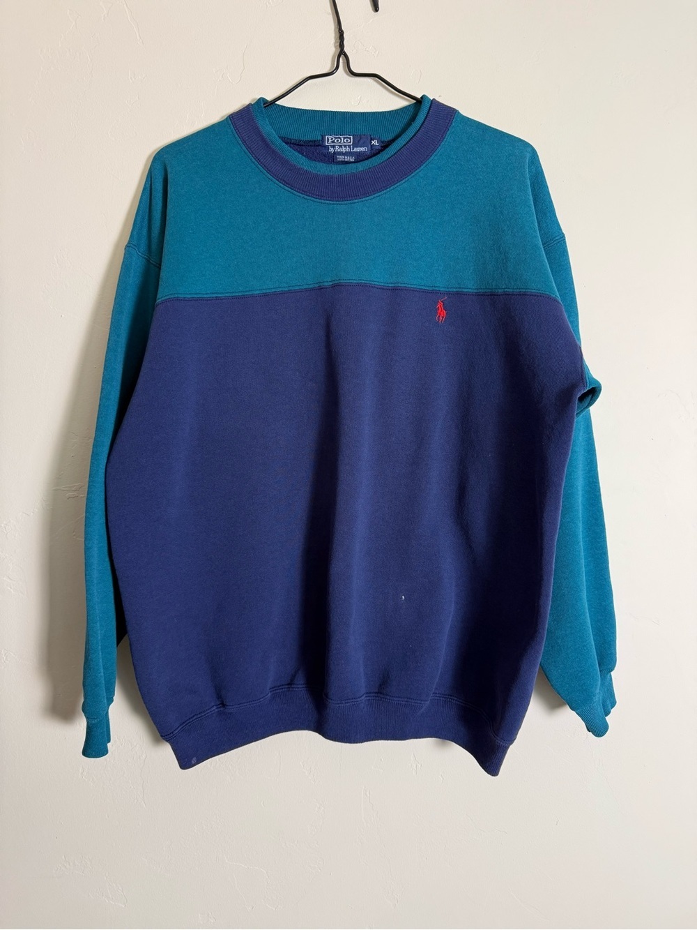 Polo by Ralph Lauren Teal and Navy Colorblock Crewneck Sweater